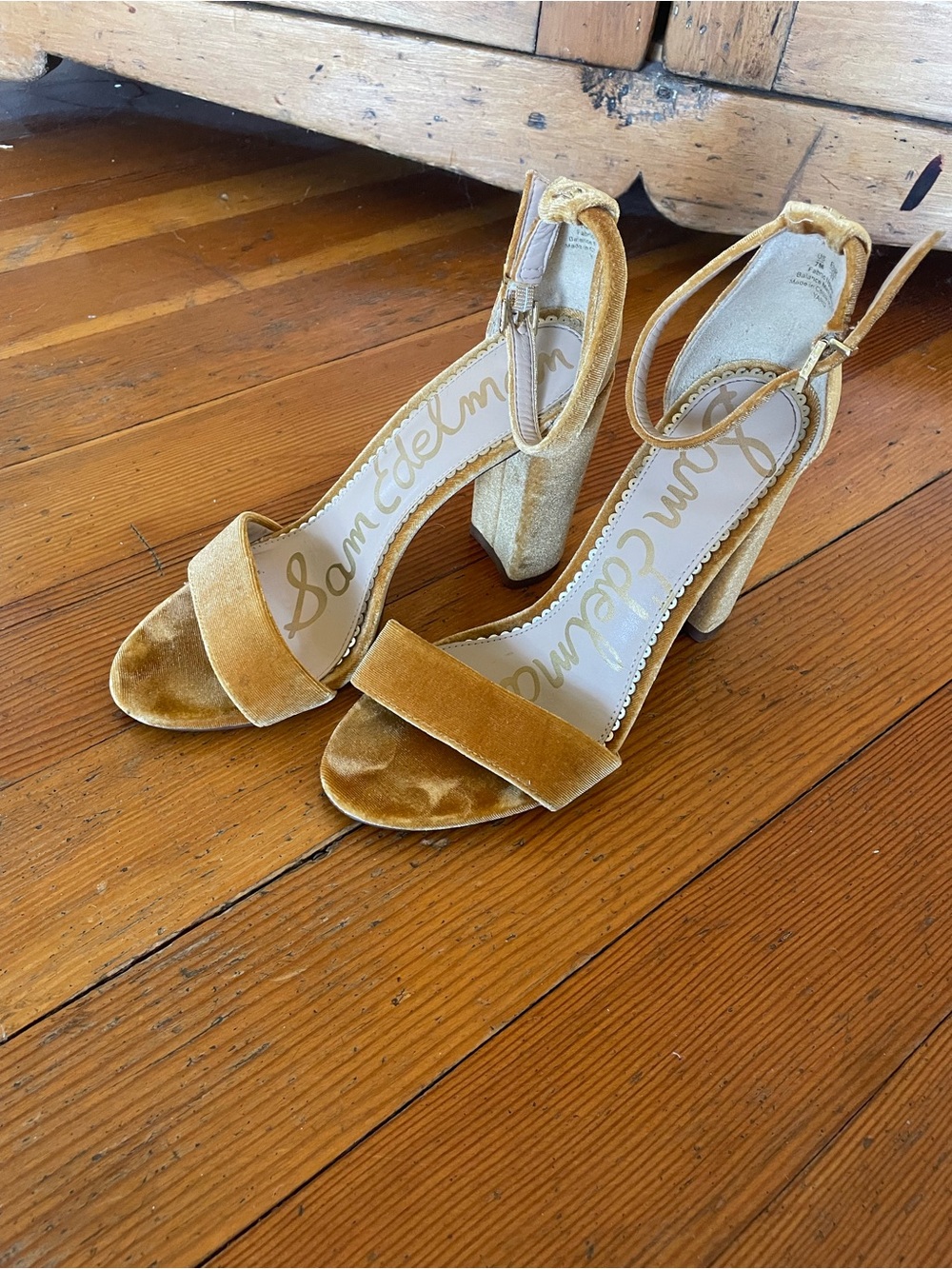 Sam Edelman Yaro Velvet Ankle-Strap Block Heels in Gold